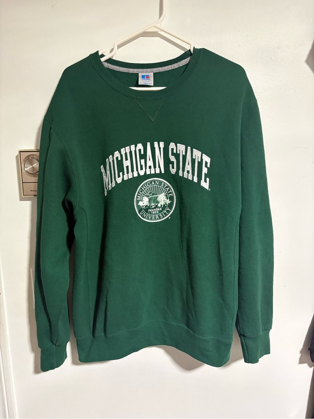 Russell Athletic Forest Green Crewneck with White Michigan State Print